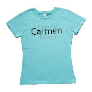 Yazbek Women's T-Shirt Souvenir Playa Del Carmen Mexico Rhinestones Green Size M